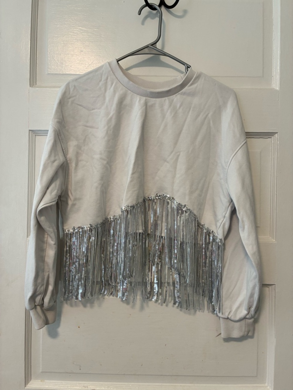 Le Lis White Sweatshirt with Silver Fringe Detail